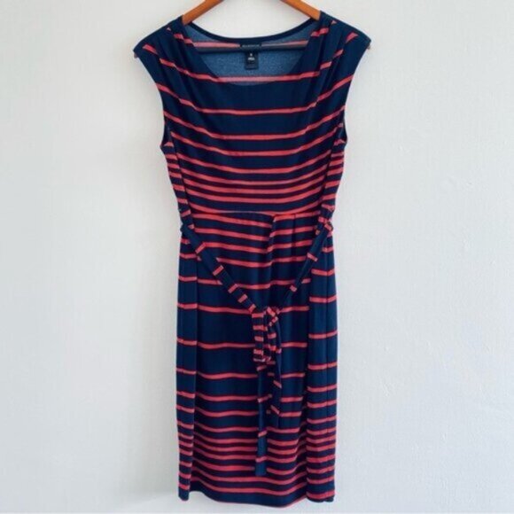 En Focus Studio Sheath Career Dress Womens 8 Blue Red Striped Tie Belt Office - Picture 1 of 8
